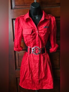 NWT, M, Rocawear, Red utility-style shirt dress, button-down front, long sleeves